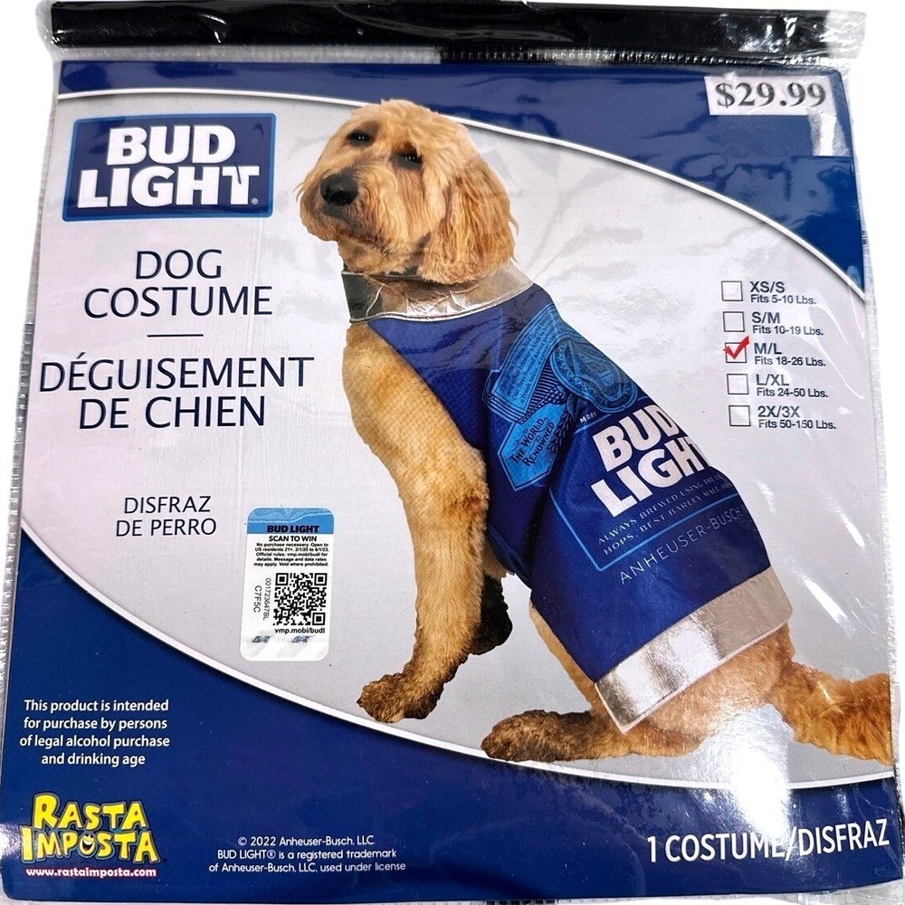 Bud Light Dog Costume Rasta Imposta Beer Can Blue Silver M/L 18-26 Lbs